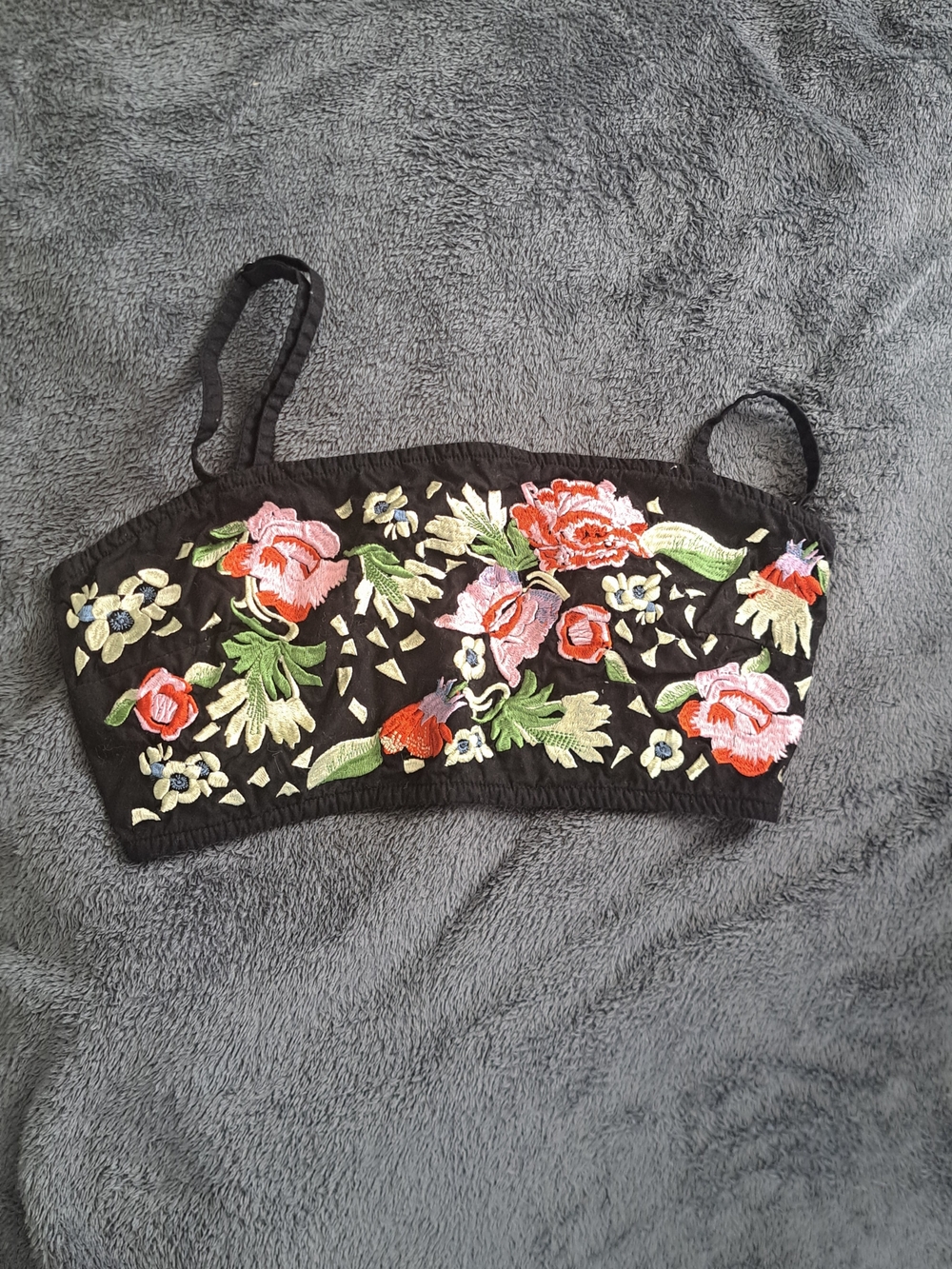 Black Embroidered Floral Crop Top